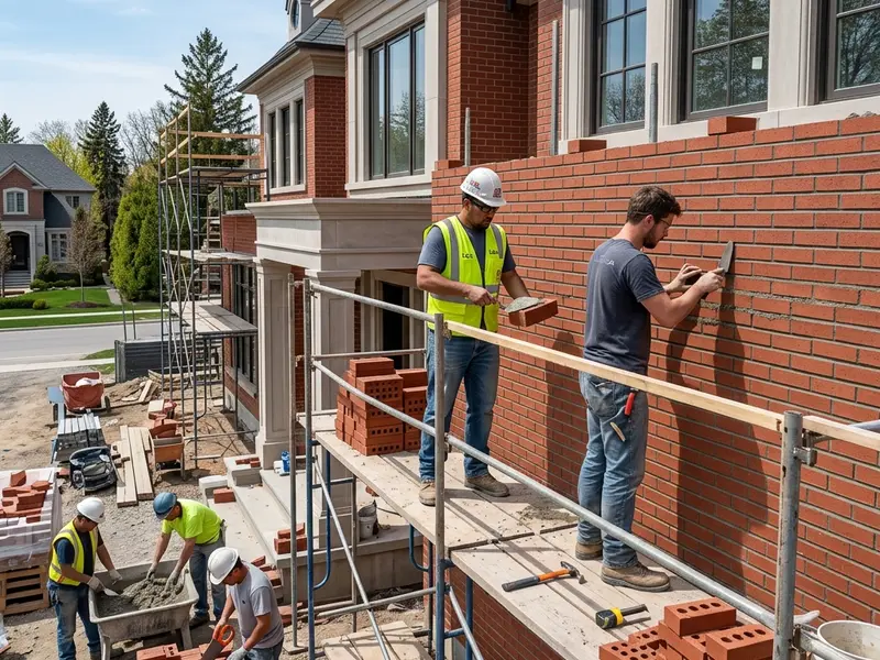 Brand new red brick facade wall construction for luxury residential home