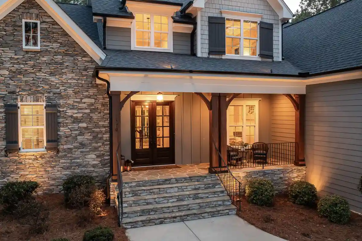 After: Front wall — natural stone veneer installed over drainage mat with back-butter mortar
